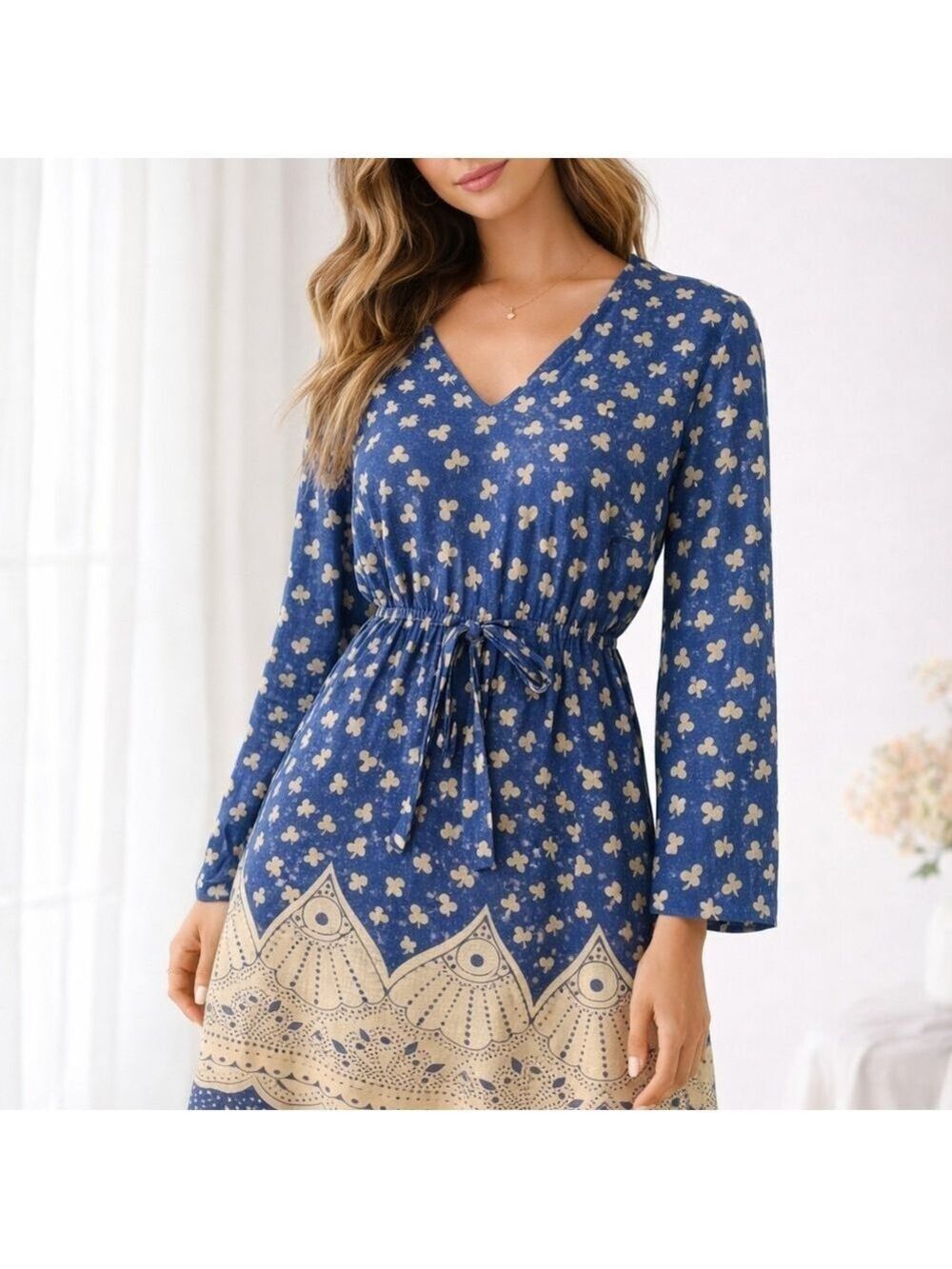 Blue Boho Tunic Dress Retro 70s Style Print Tie Waist Medium